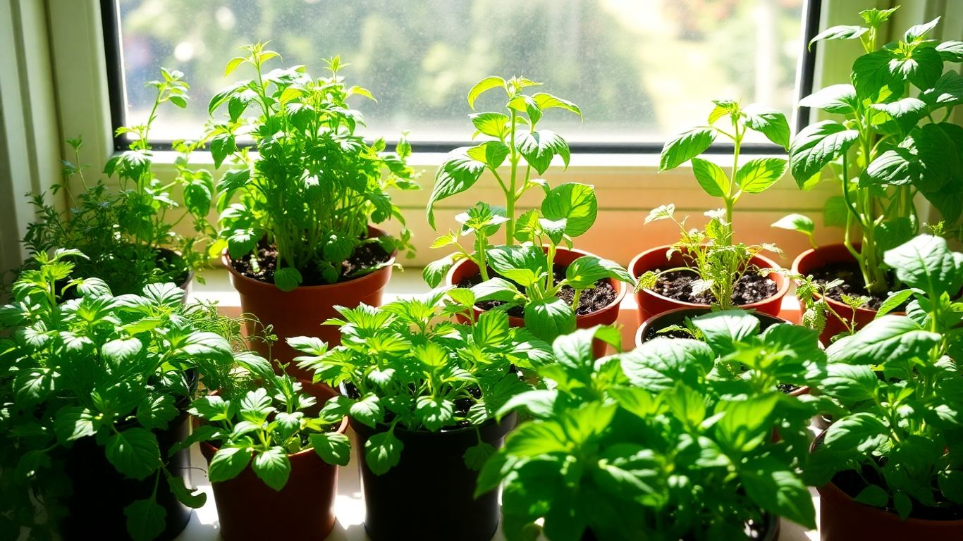 Frische Kräuter und Gemüse auf der Fensterbank