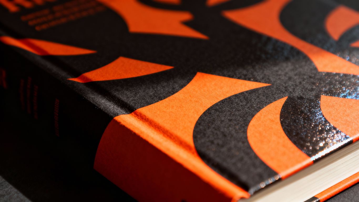 Abstract book cover with bold colors and intriguing design.