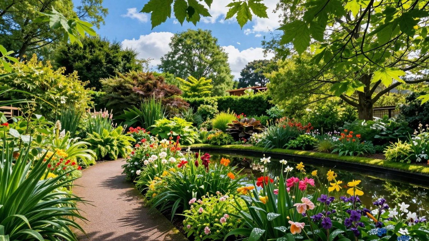 Bloeiende bloemen en groene paden in een Nederlandse tuin.