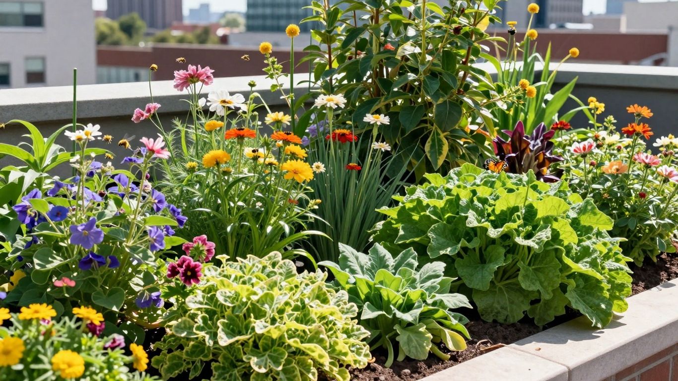 Bunte Blumen und Gemüse auf einem Dachgarten mit Insekten.