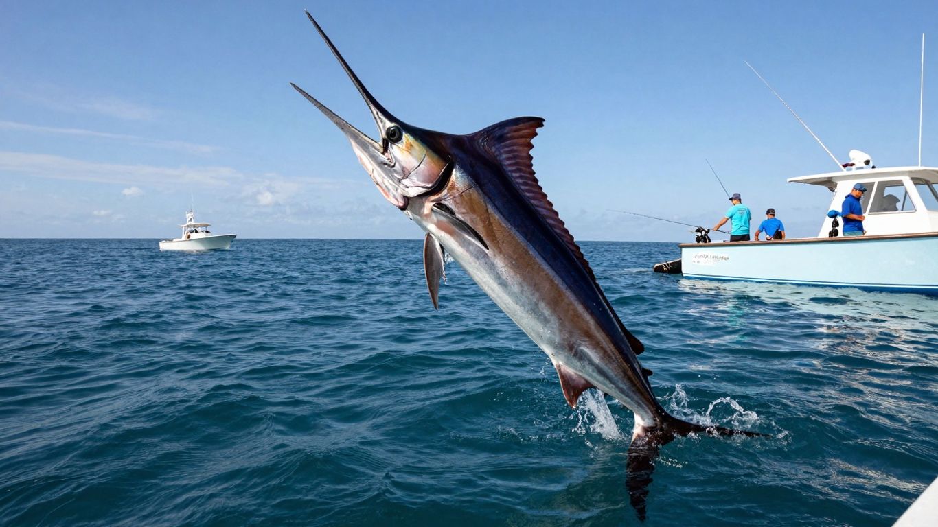 Marlin leaping from ocean during sport fishing tournament
