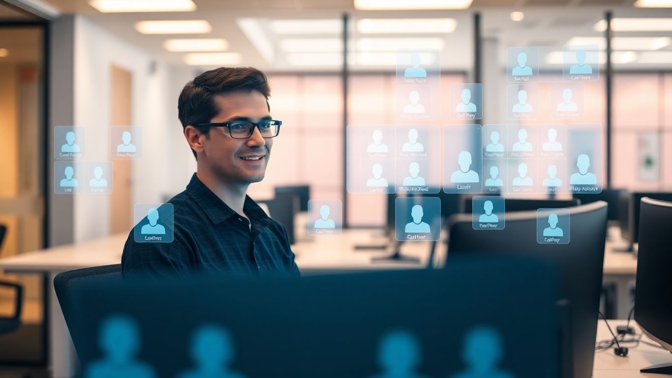 Person managing many calls with AI technology.