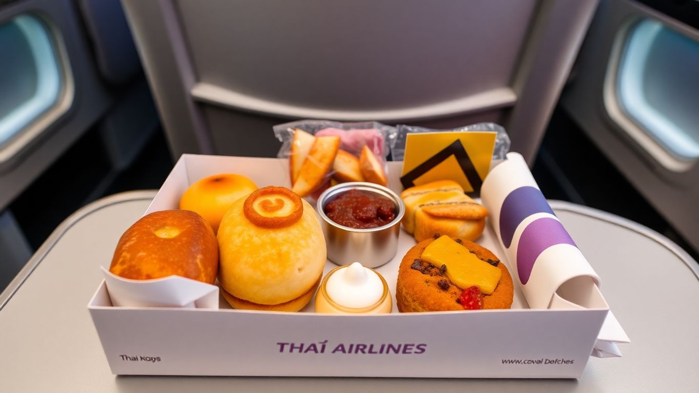 ชุดขนมว่างการบินไทยบนโต๊ะอาหารในเครื่องบิน