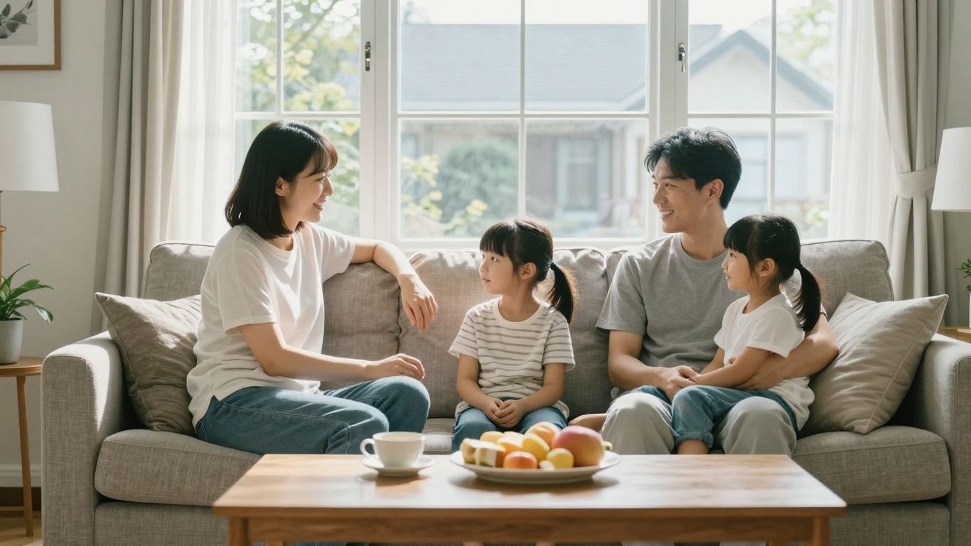Familia relajada en casa con seguro de hogar.