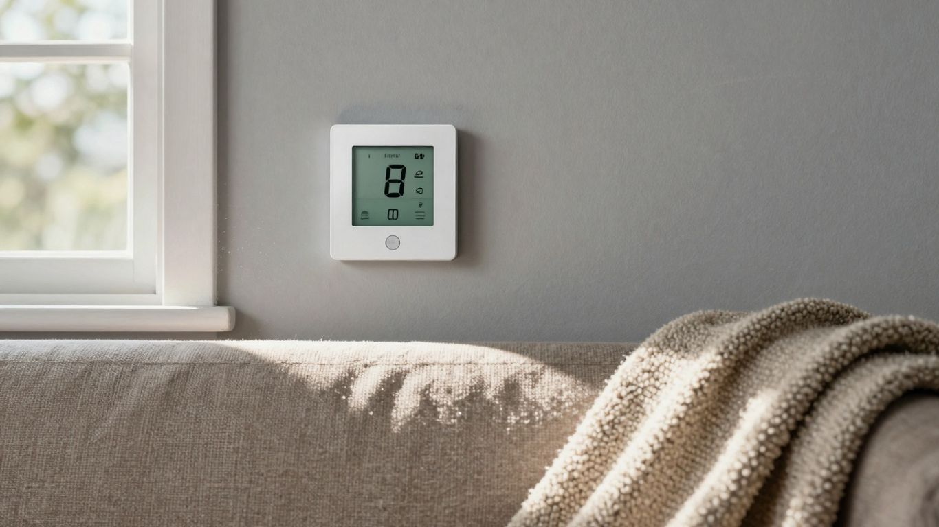 Cozy living room with a modern thermostat and sunlight.