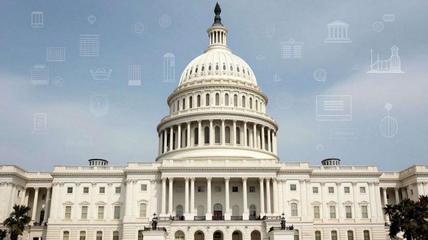 Edificio del Capitolio de EE. UU. con símbolos de inmigración.