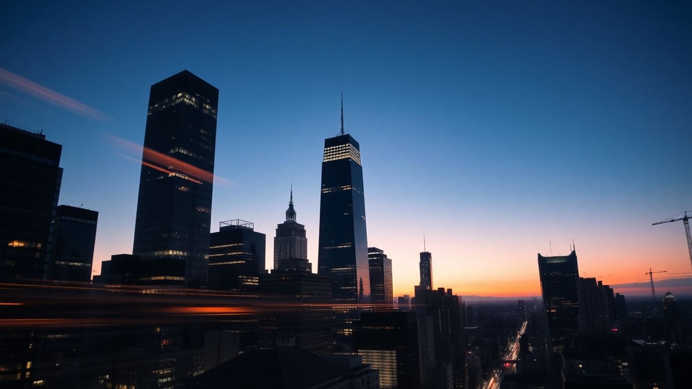 Cityscape at dusk with skyscrapers
