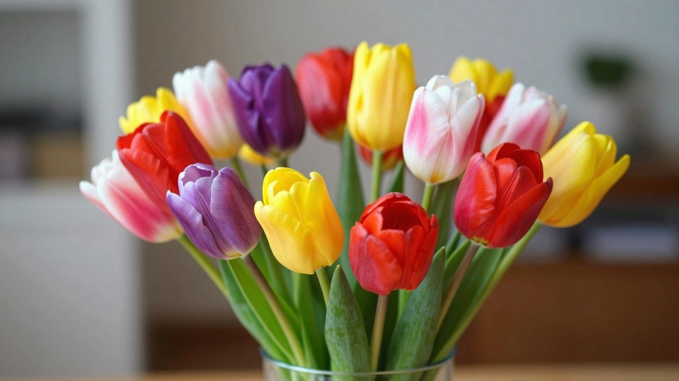 Een vaas met kleurrijke tulpen in volle bloei.