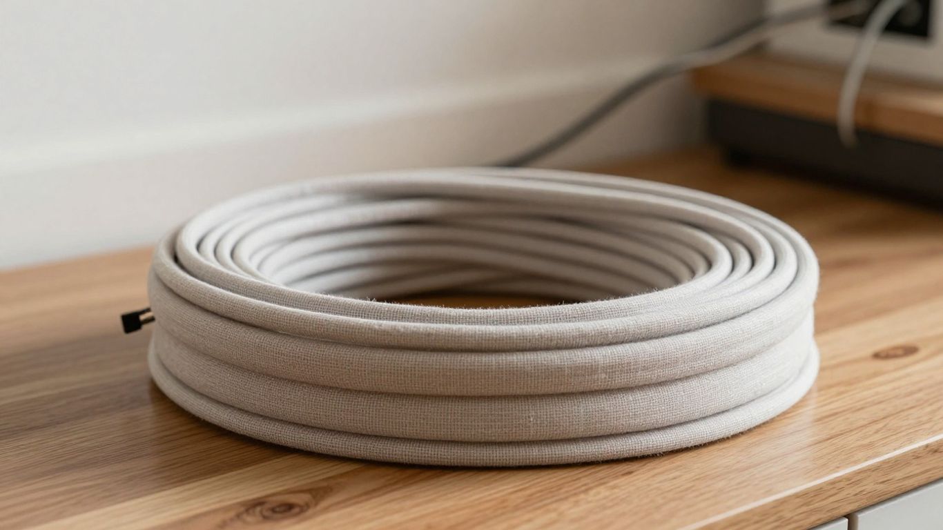 Fabric covered electrical cable coiled neatly.