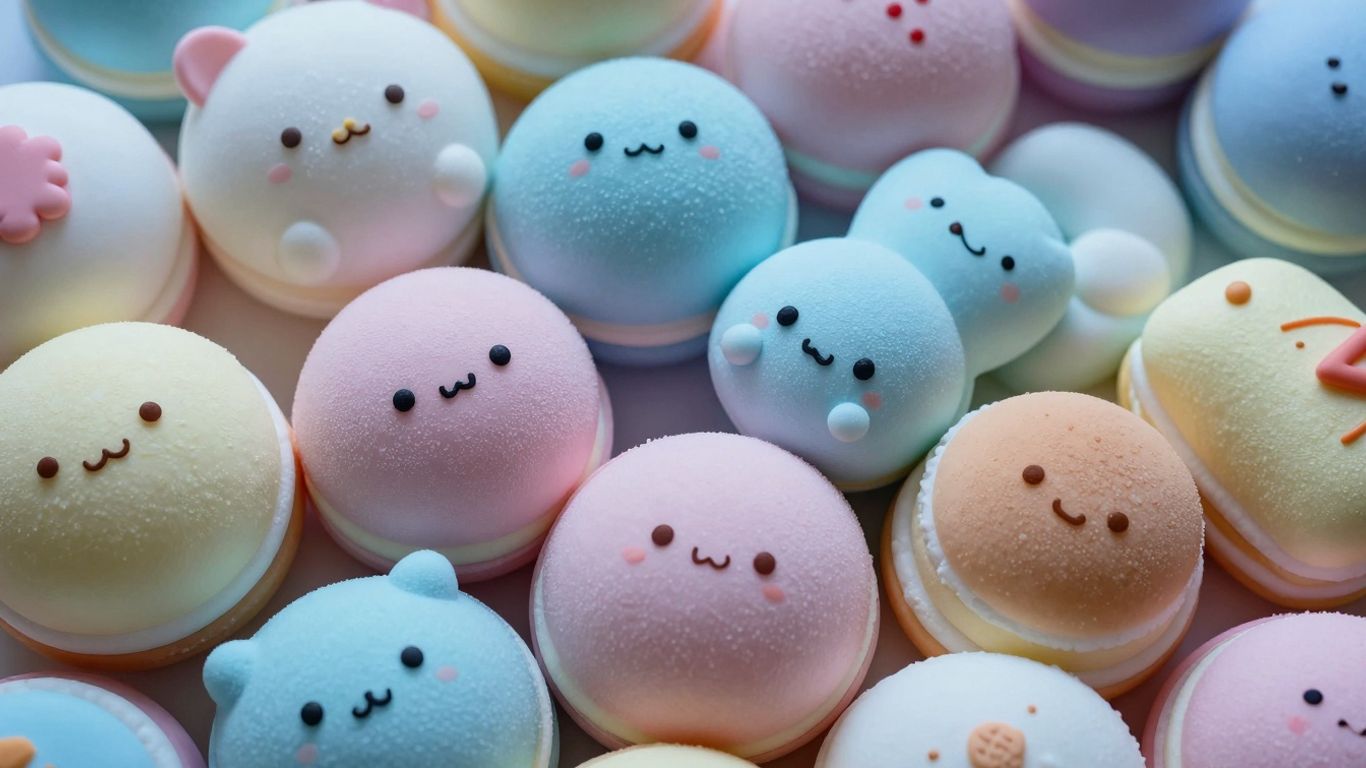 Collection of soft, colorful squishy kawaii toys.
