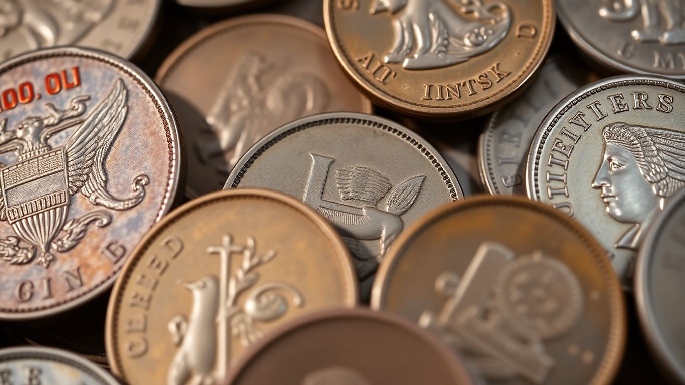 Close-up of vintage coins with visible mint marks.