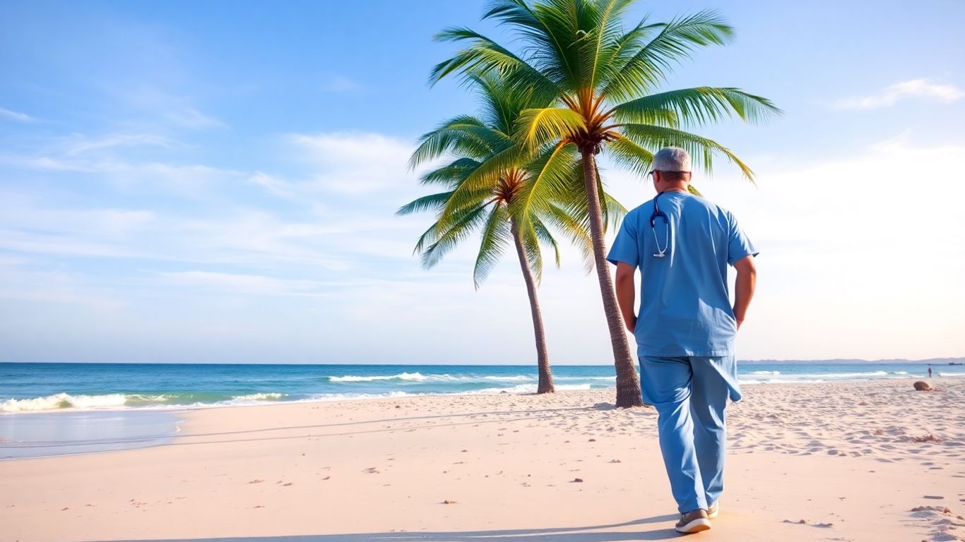 Doctor on a Balinese beach near the ocean.