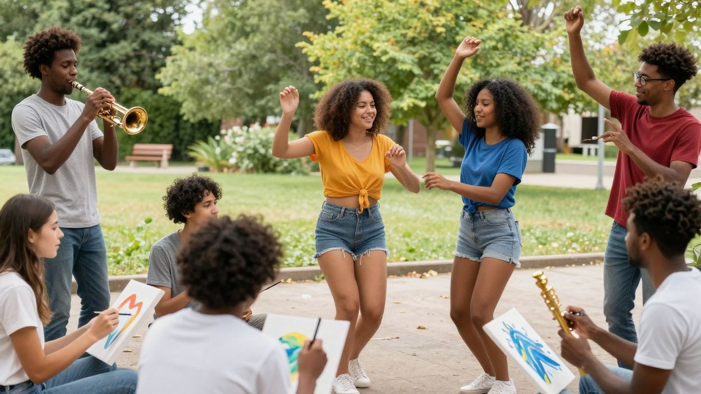 Tineri participând la activități culturale în aer liber