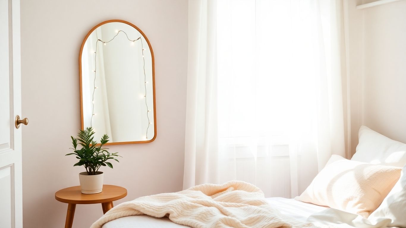 Cozy bedroom corner with pastel decor and fairy lights.