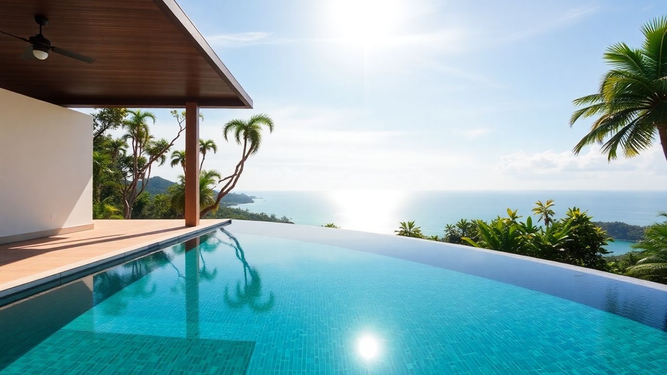Luxury eco-resort pool with tropical greenery and sea view.