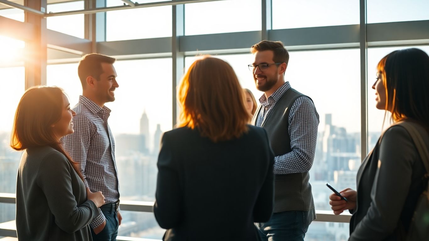 Professionals collaborating in a modern office with city views.