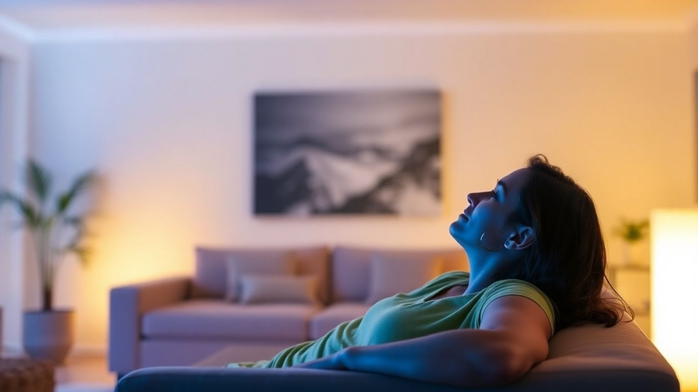 Pessoa relaxando com iluminação LED que muda de humor.