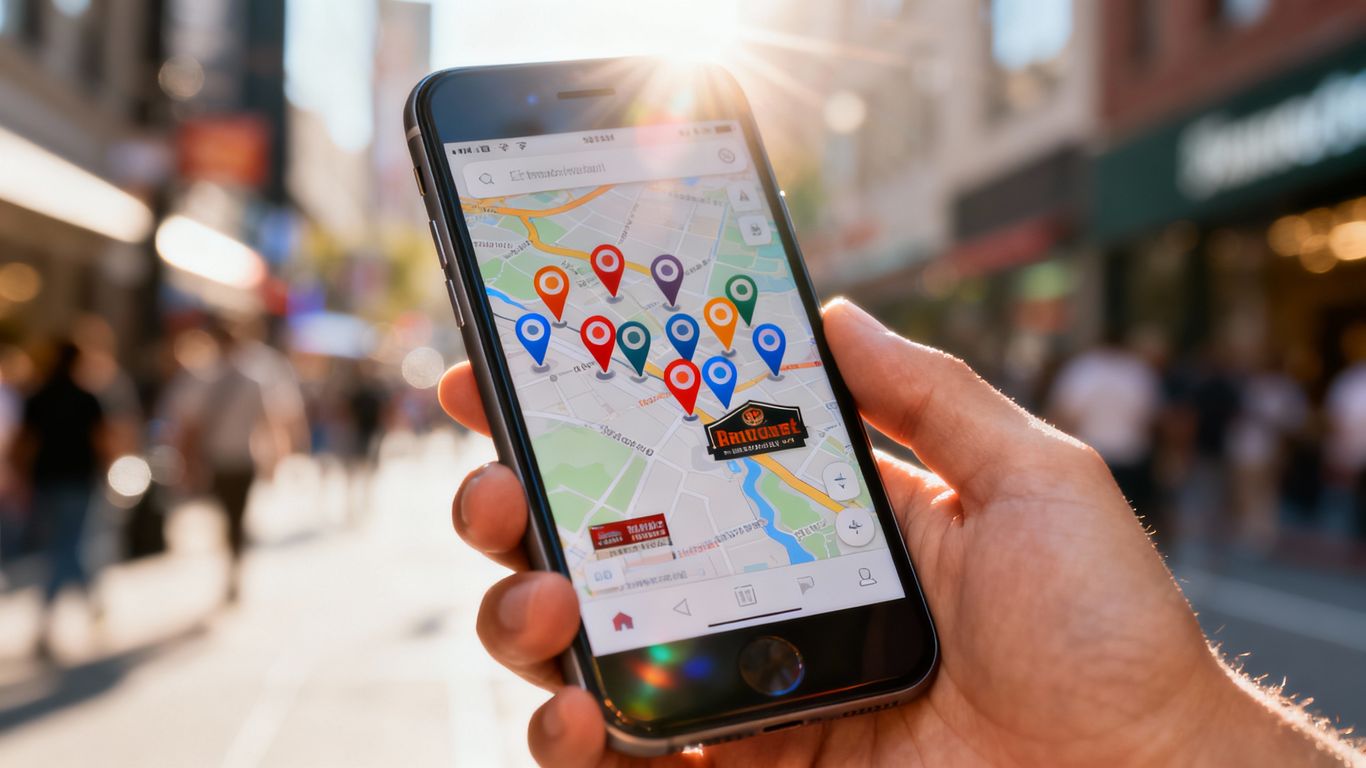 Smartphone showing local map with pins
