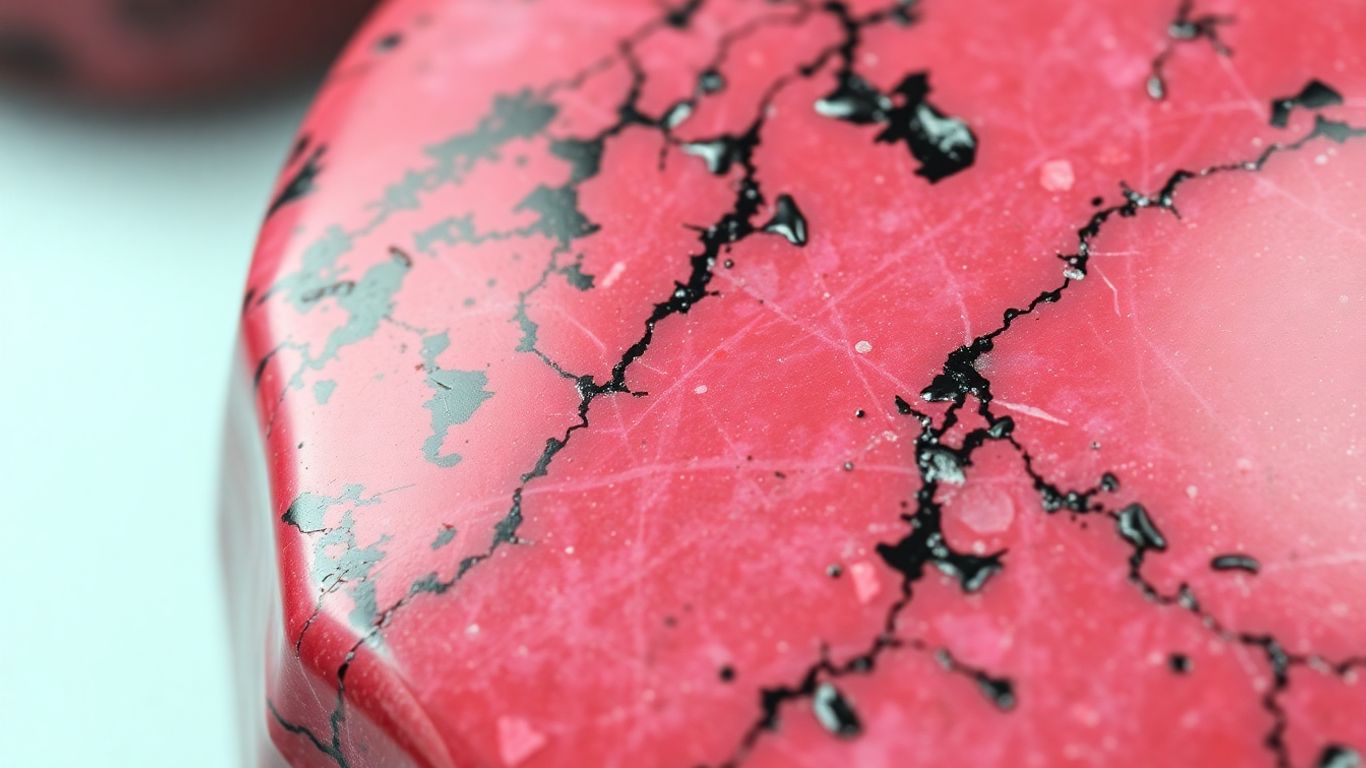 Polished rhodonite stone with pink and black patterns.