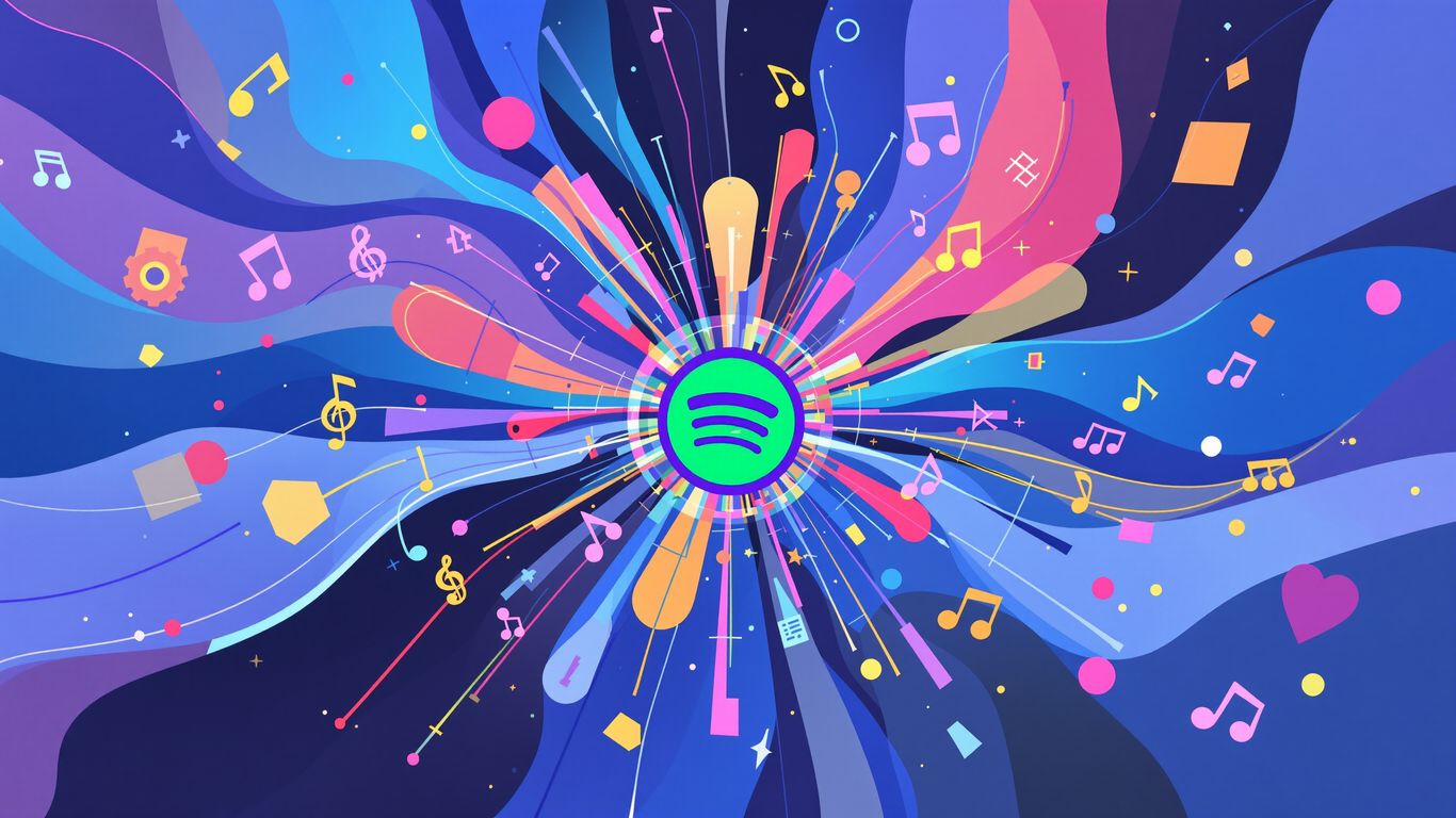 Spotify icon with colorful sound waves and musical notes.