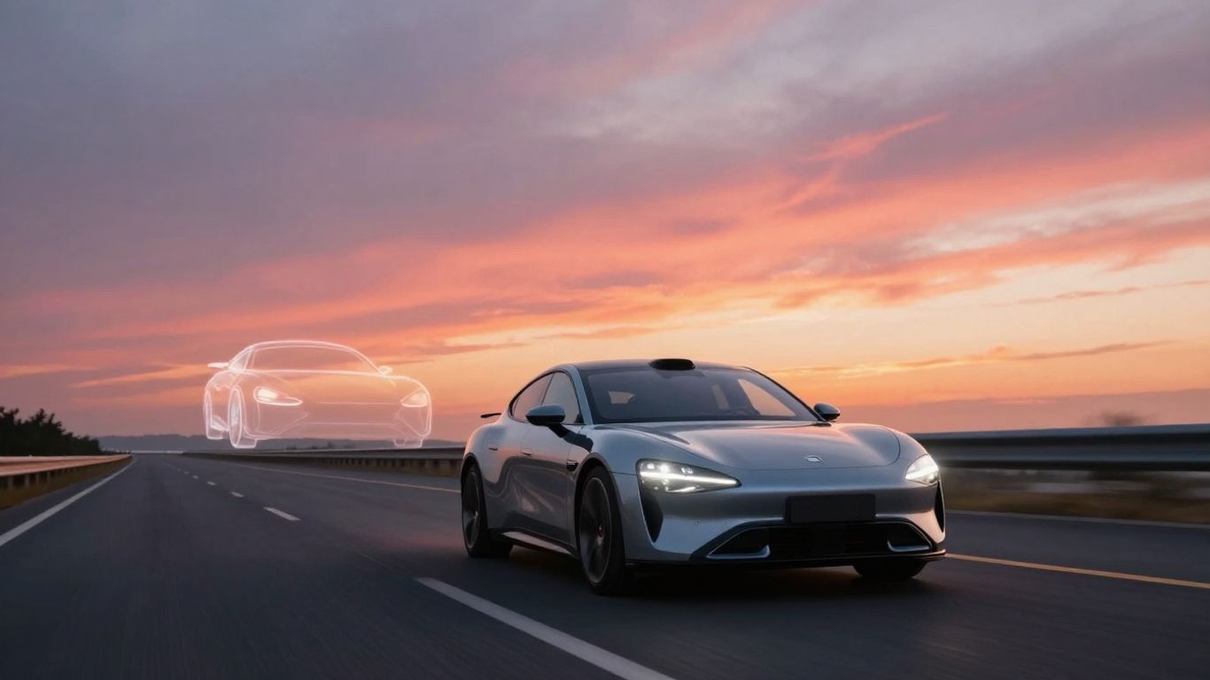 Electric car on a highway at sunset.