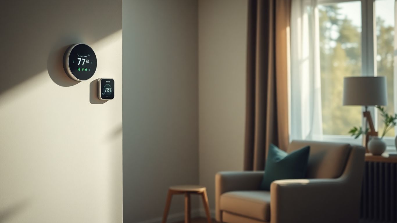 Smart thermostat on wall in a cozy living room.