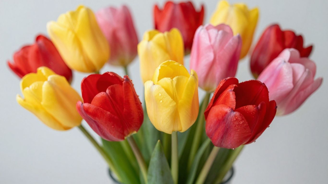 Boeket tulpen in vaas met waterdruppels.