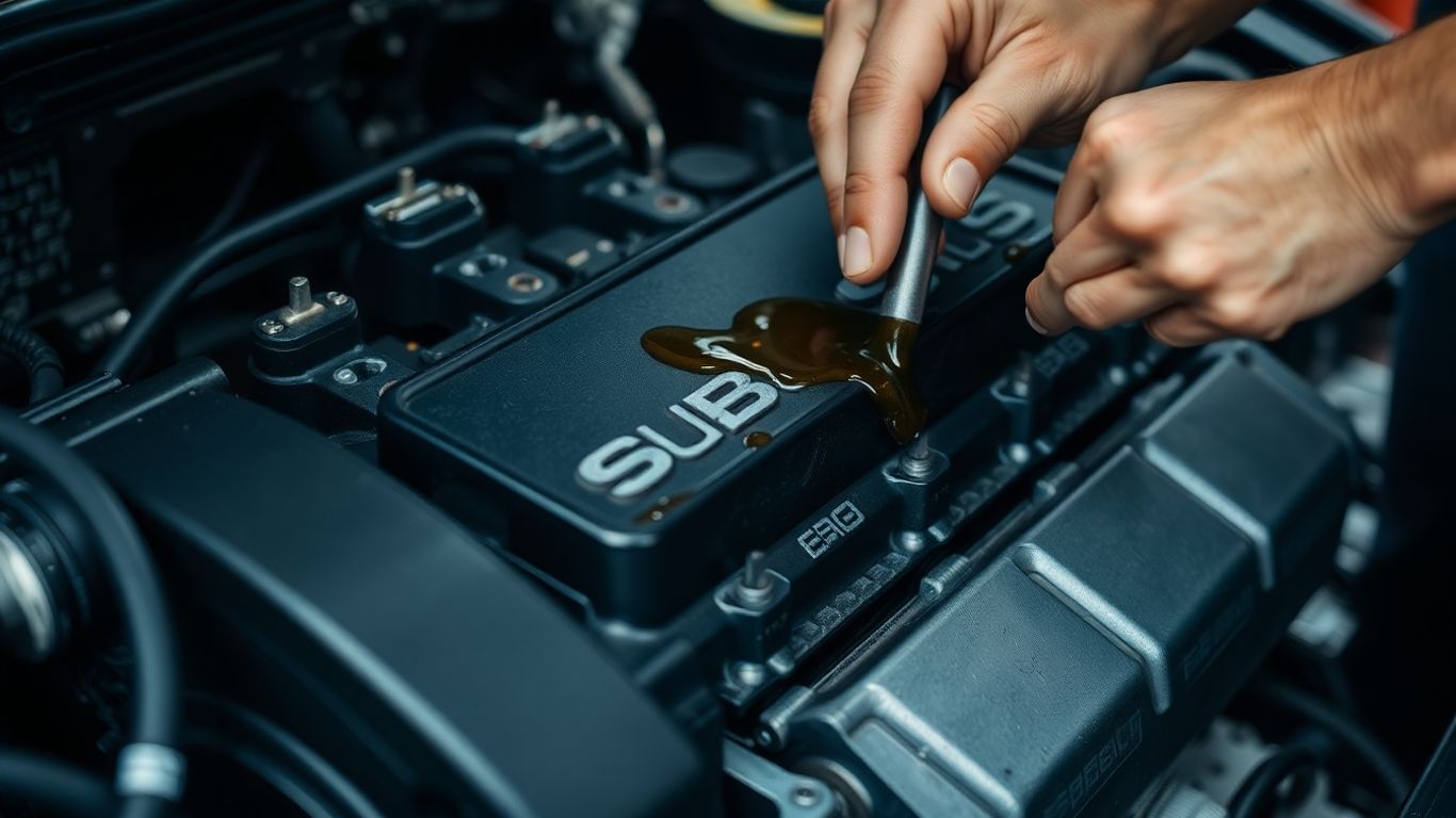 Mechanic fixing Subaru engine oil leak.