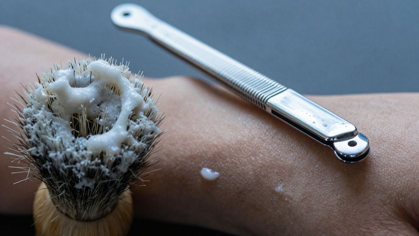Close-up of a wet shave razor and lather.