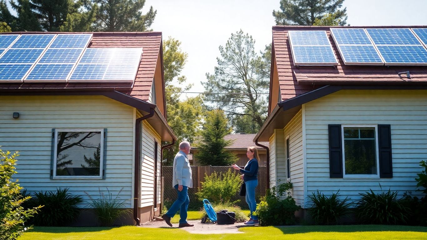 Voisins discutant à propos de panneaux solaires sur leurs toits