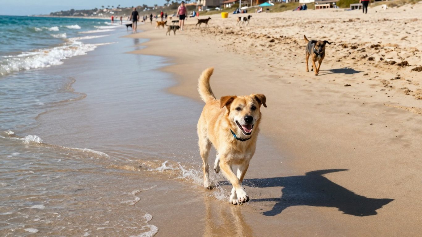 Hond rent op strand bij de zee