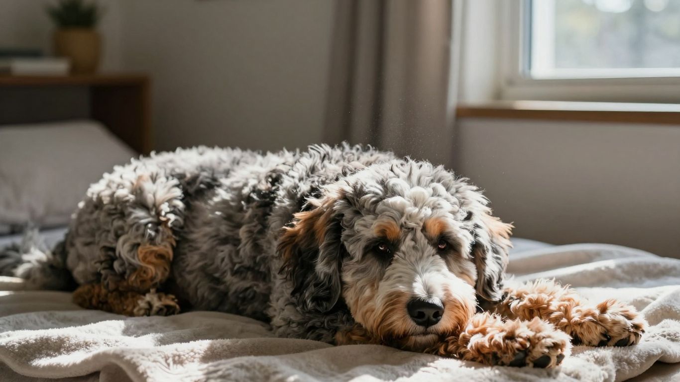 Senior Bernedoodle dog resting indoors on a blanket.