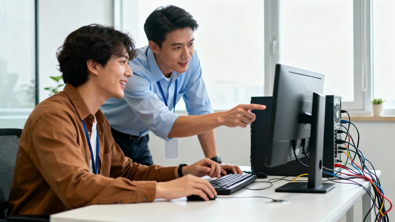 IT help desk team assisting a client with a computer.