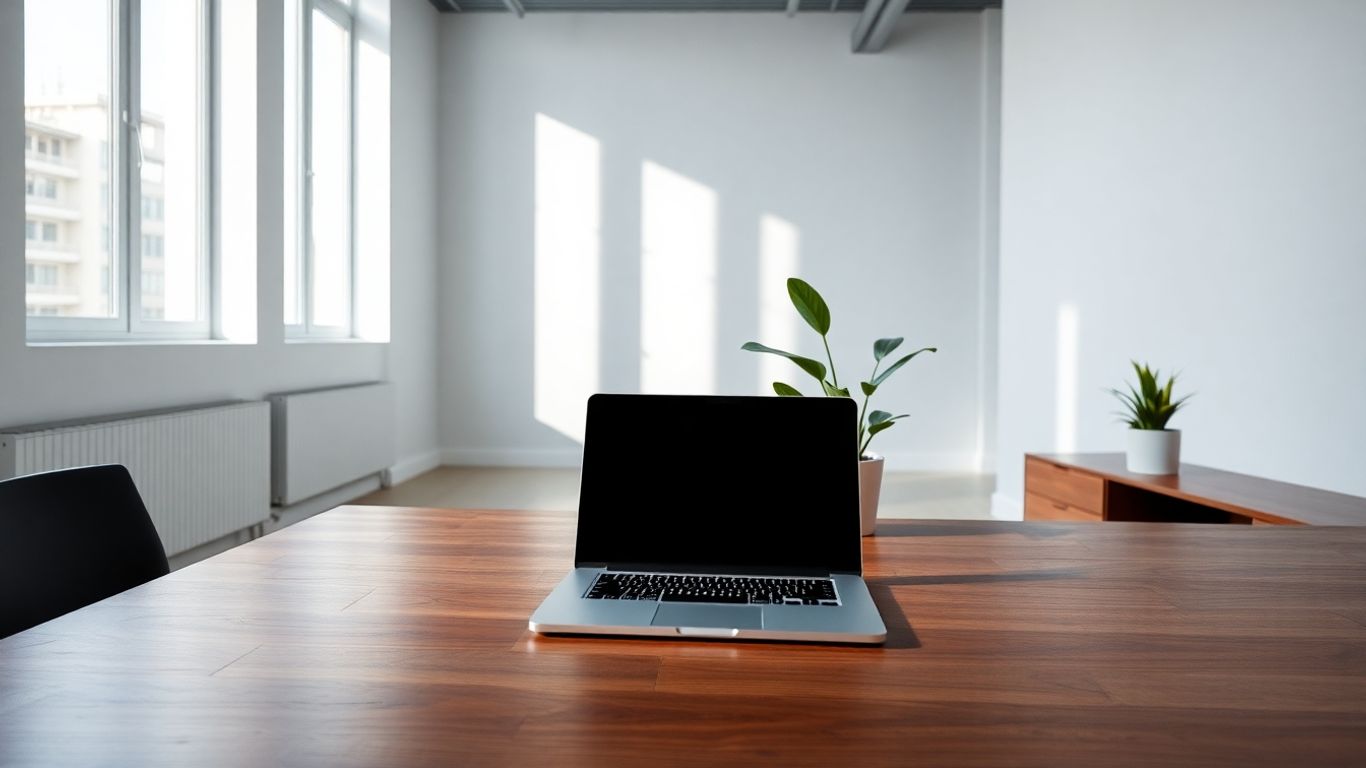 Modern interior with laptop and plant.