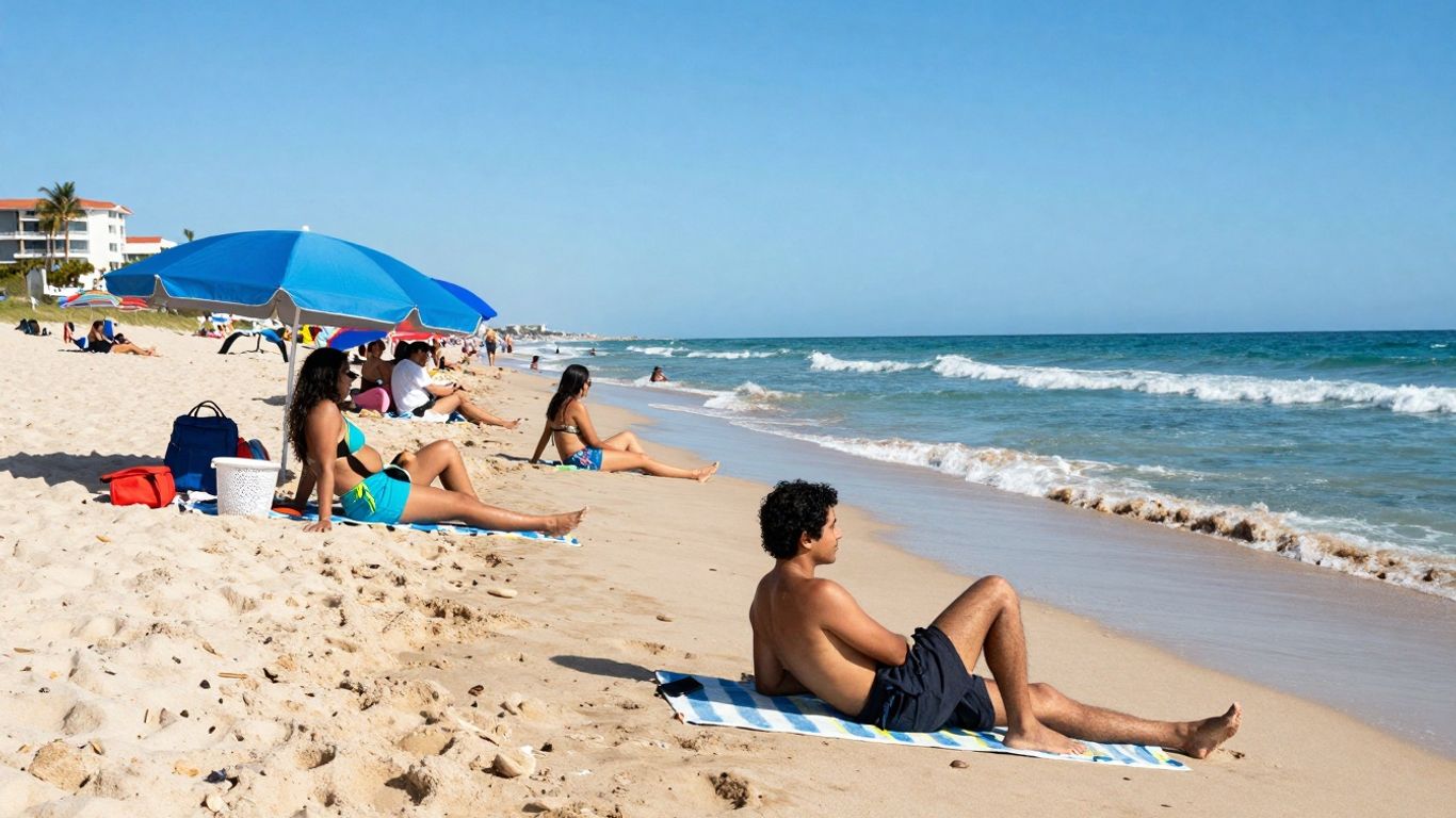 Mensen genieten van de zon op een zonnig strand.