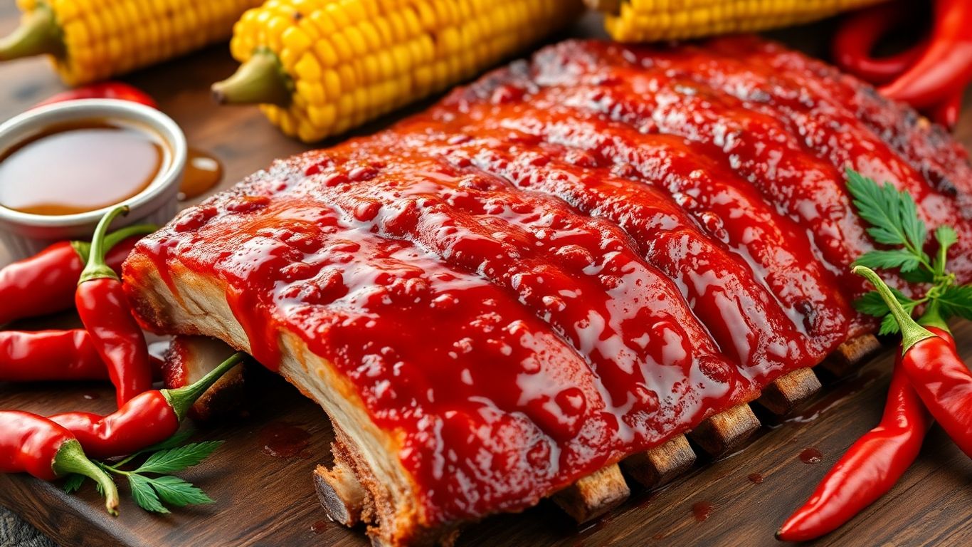 BBQ ribs with sweet and spicy sauce and fresh peppers.