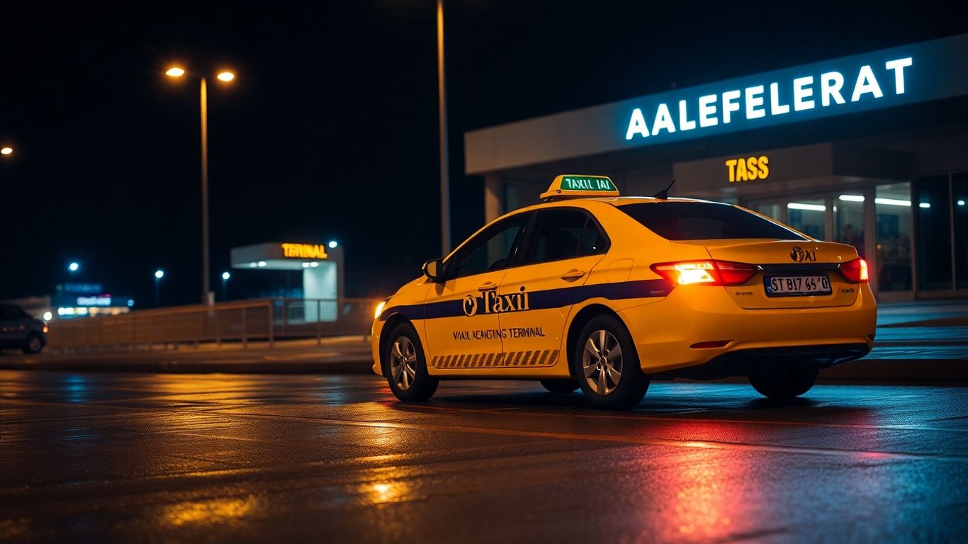 Taxi waiting at airport terminal at night.
