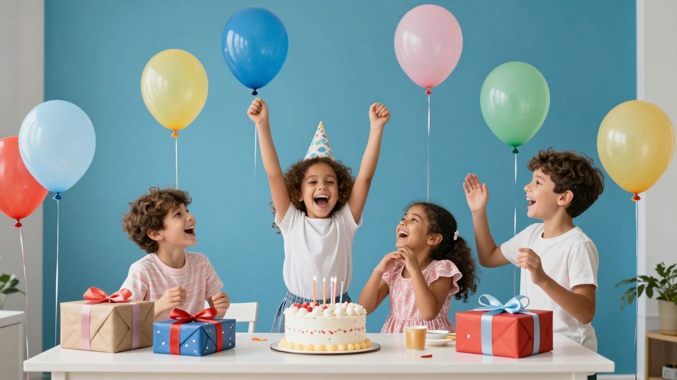 Children celebrating a birthday party with balloons and cake.