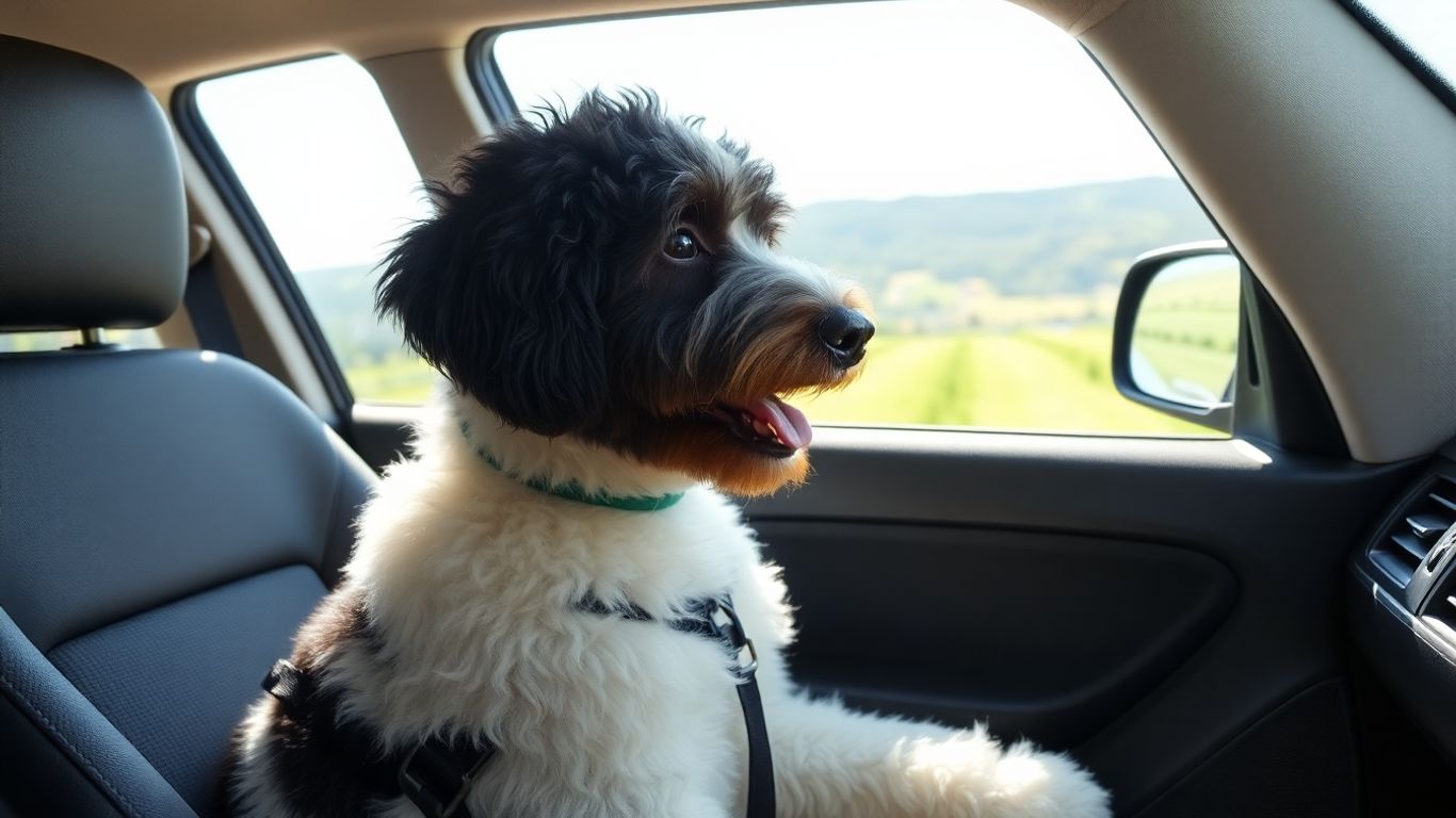 Bernedoodle dog traveling safely in a car in Pennsylvania.
