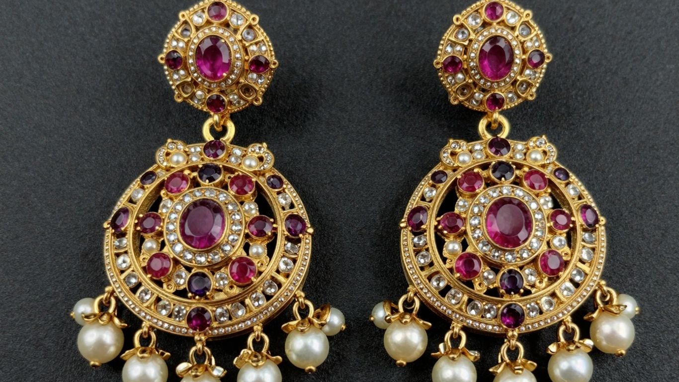Elegant Kundan earrings with gemstones and pearls.