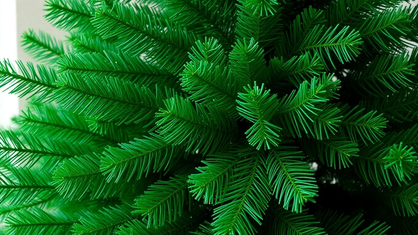 A realistic green artificial Christmas tree.