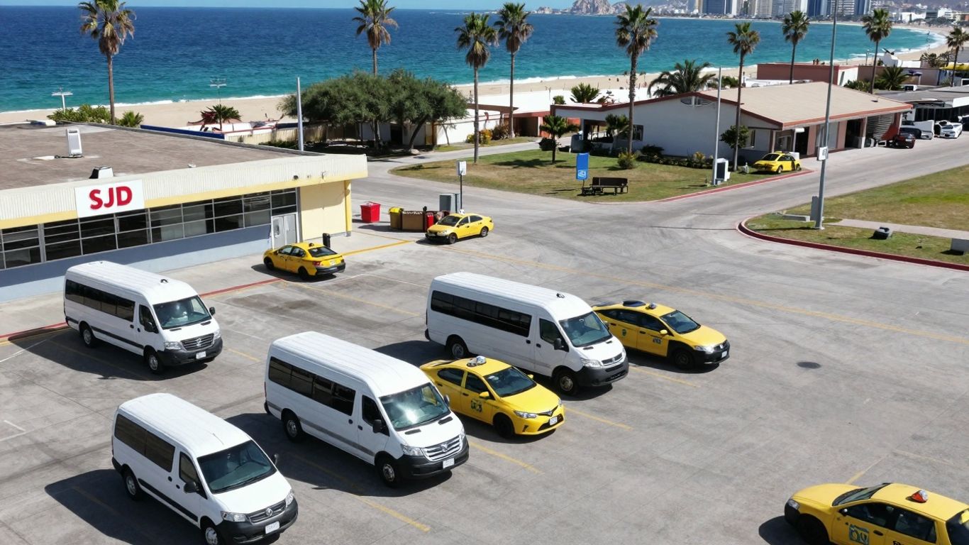 SJD Airport with shuttle vans and taxis.