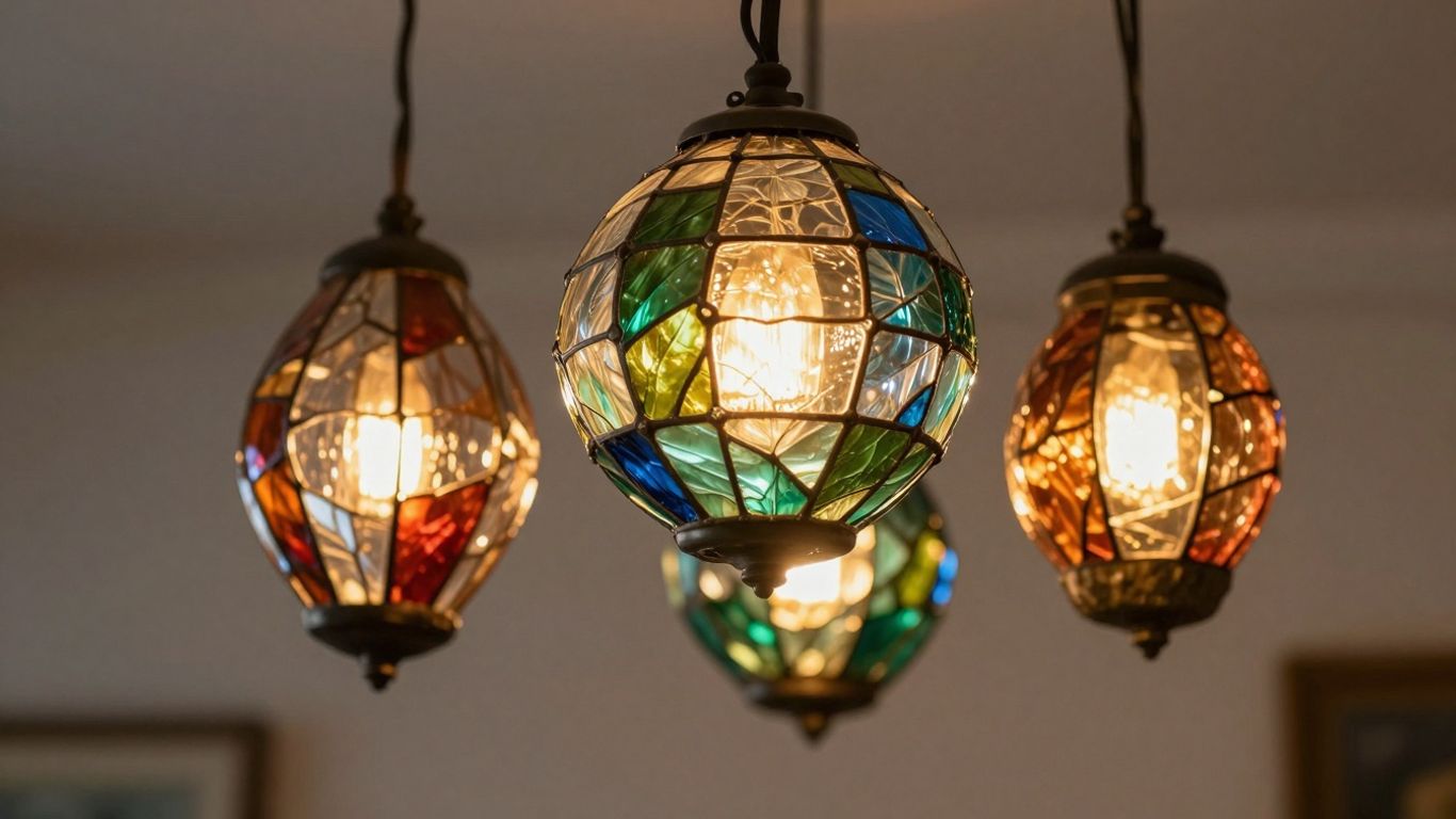 Vibrant colored glass pendant lights illuminating a room.