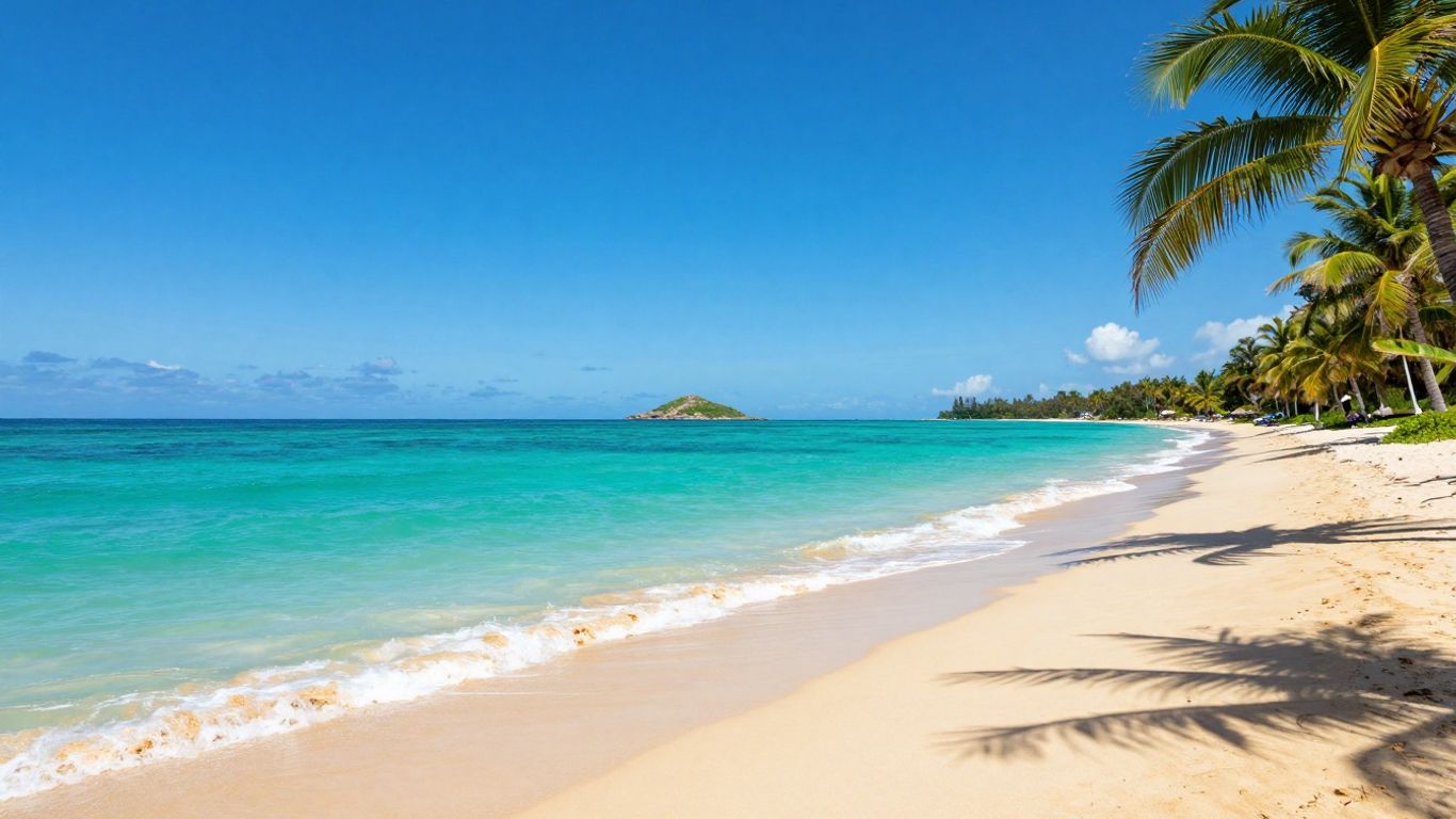 Sunny beach with palm trees and clear blue water.