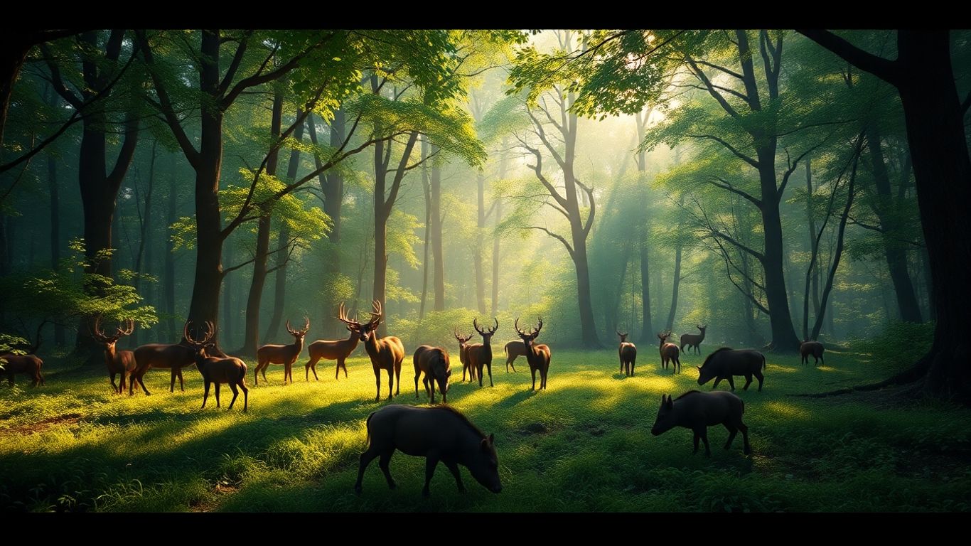 Animais selvagens em habitat natural exuberante.