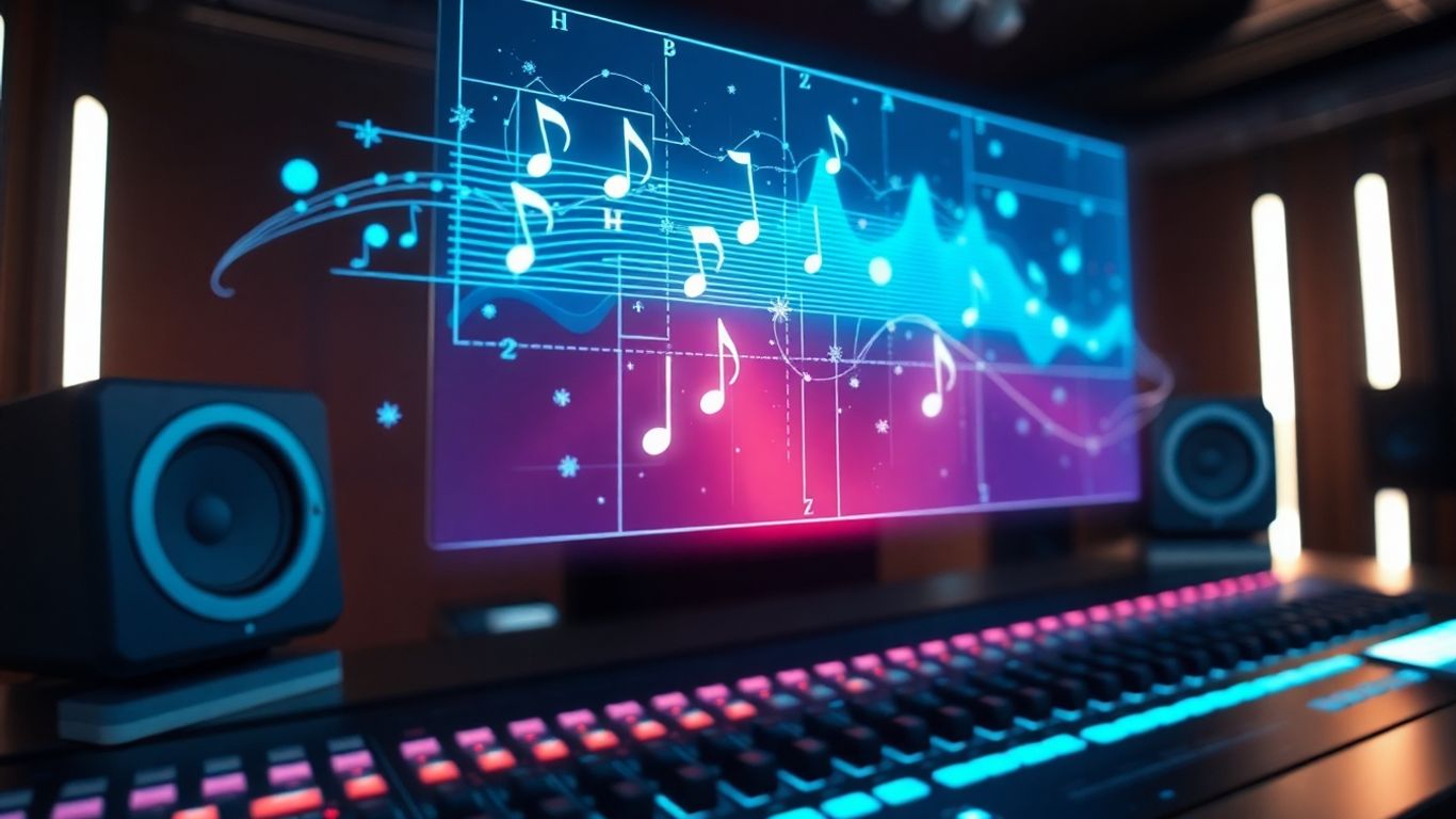 Futuristic studio with AI interface and musical elements.