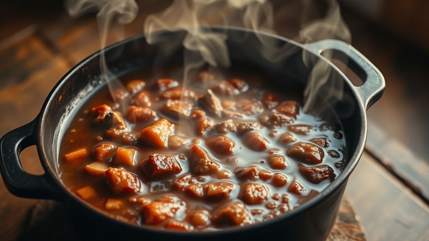 Steaming Dutch oven filled with hearty stew.