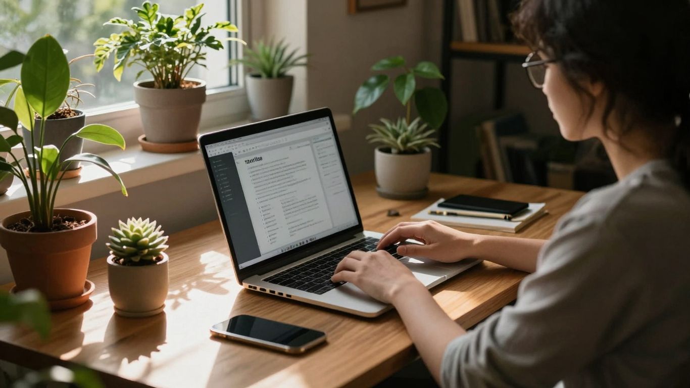 Person working on a laptop at a sunlit desk.