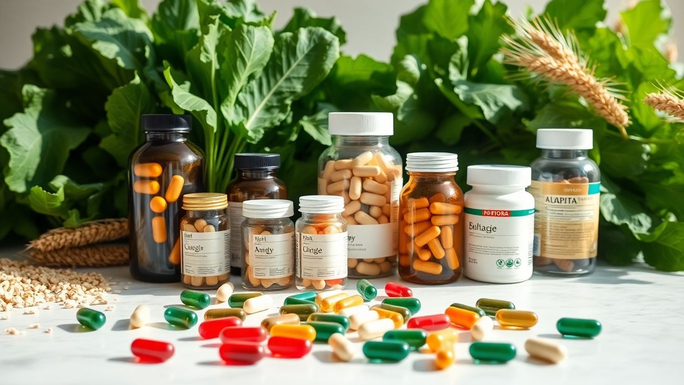 Supplement capsules with vegetables and wheat germ background