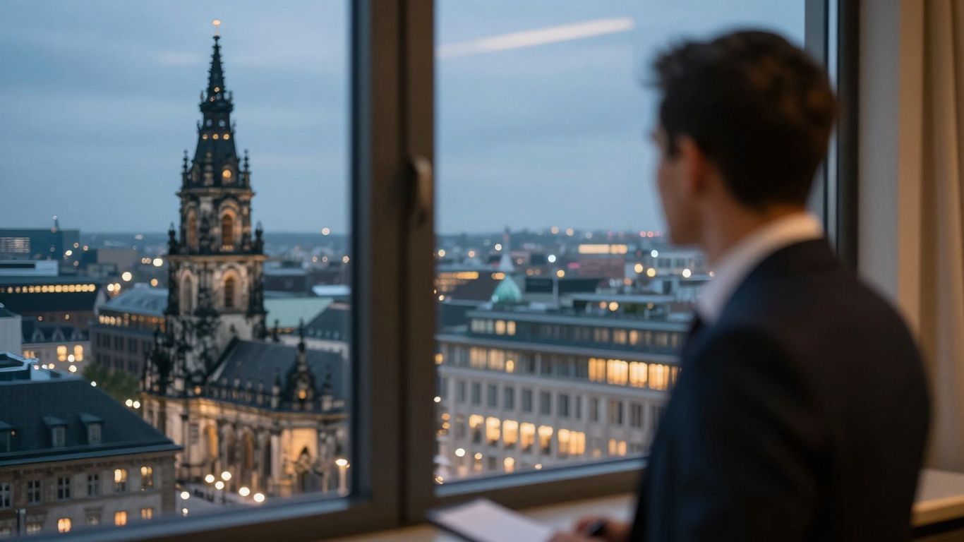 German cityscape with a person looking out a window.